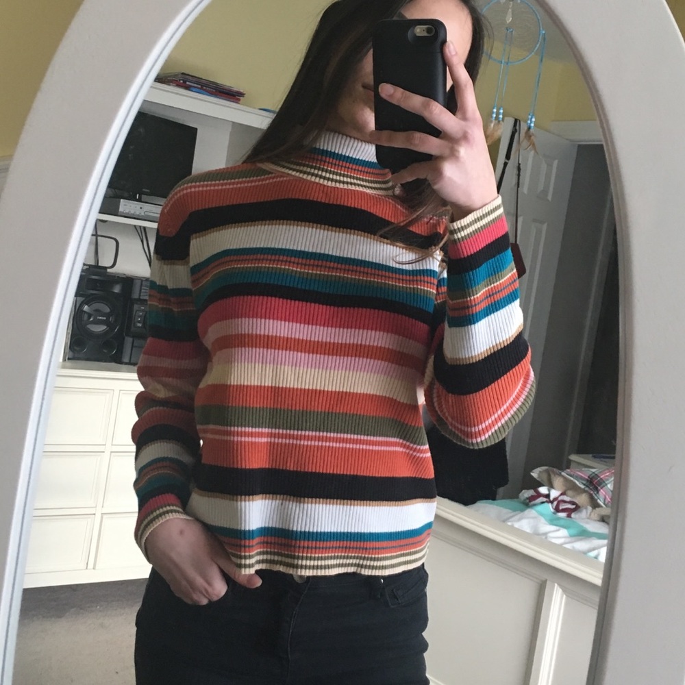 Retro Striped Ribbed Turtleneck Sweater